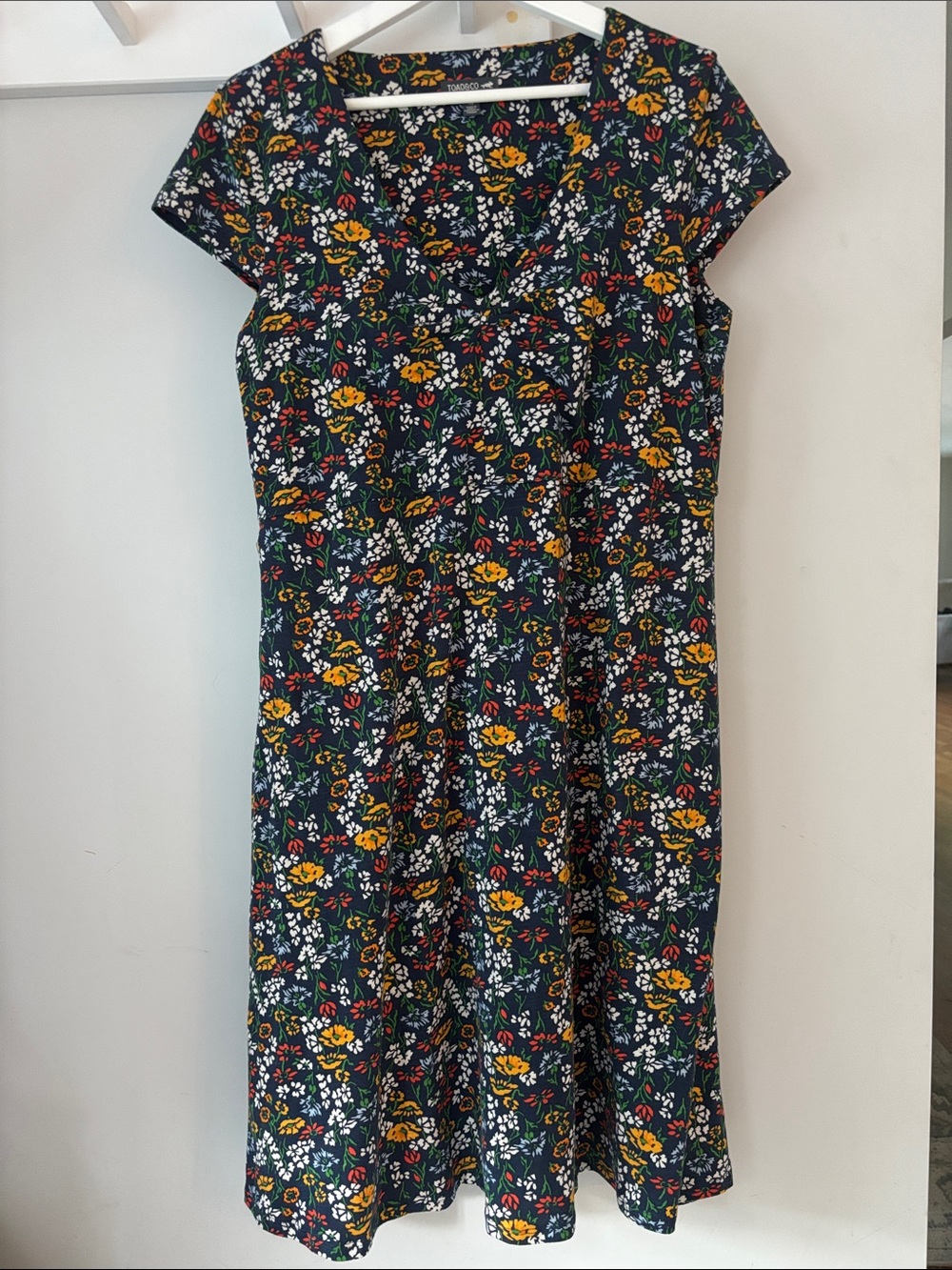 Toad & Co XL Floral Cap-Sleeve A-Line Dress Navy Yellow White Midi Organic